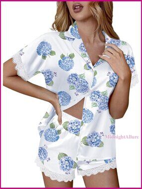 Satin Pajama Set with Lace Trim, Button Front Top, Pockets, XS-XXL